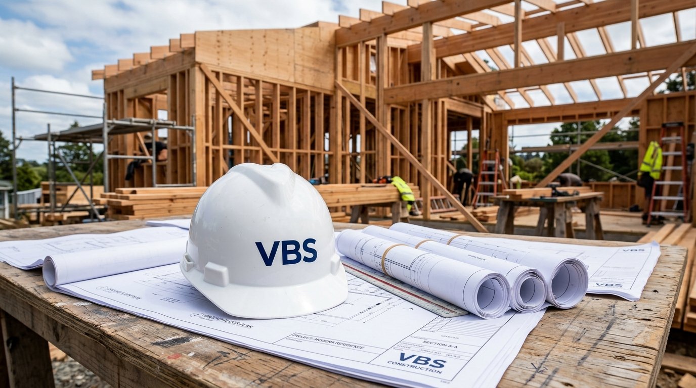 VBS Building Permit blueprints and white helmet on construction site