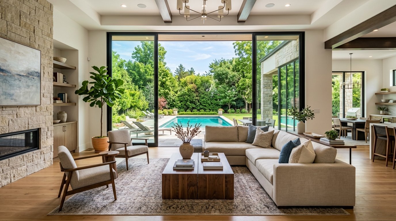 Occupancy Permit modern luxury living room opening to pool garden