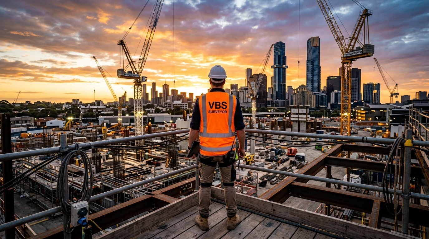 Building surveyor overlooking Melbourne construction site at sunset